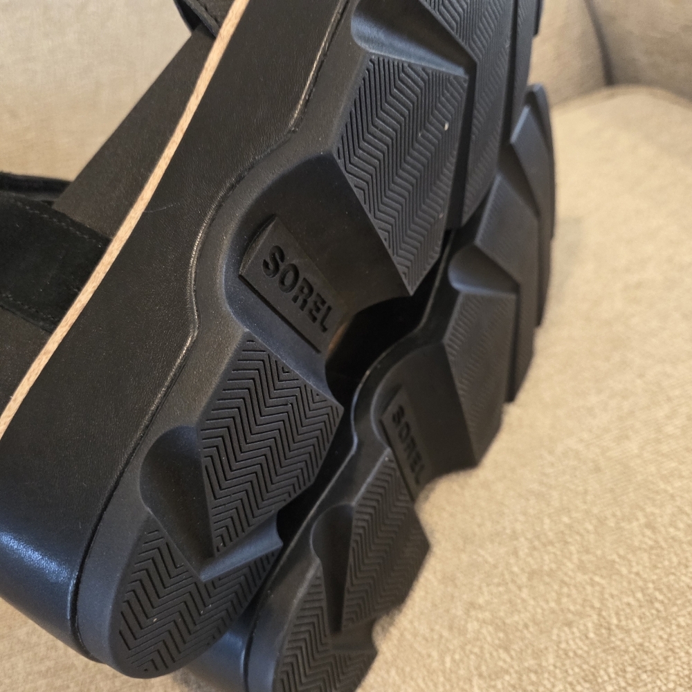 Sorel Joanie lV Black Sz 10 Leather Platform Wedge Sandals Adjustable Straps - Picture 11 of 13